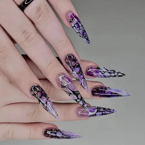 Vista 10 de Uñas postizas largas a presión estilo stiletto, uñas postizas francesas degradadas blancas, uñas postizas brillantes de cobertura completa