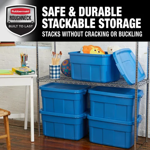 Vista 5 de Rubbermaid Roughneck Tote - Paquete de 6 unidades, 14 galones, fabricado en Estados Unidos, color azul patrimonio, contenedores de almacenamiento
