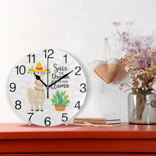 Vista 2 de senya Lindo reloj de pared redondo con diseño de cactus, pintura al óleo silenciosa sin tictac, decorativo para el hogar, oficina, escuela, reloj