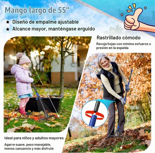 Vista 5 de Rastrillo para hojas: rastrillo de hojas de metal ajustable para césped, cabeza expandible de 8 a 17 pulgadas, mango largo de 45 pulgadas