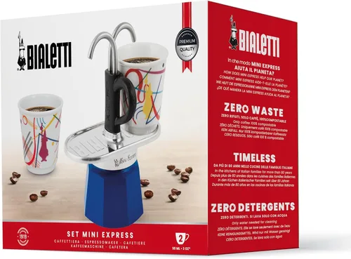 Vista 7 de Bialetti - Mini Express Kandinsky: El juego Moka incluye cafetera 2 tazas (2.8 Oz) + 2 vasos de chupito, azul claro, aluminio