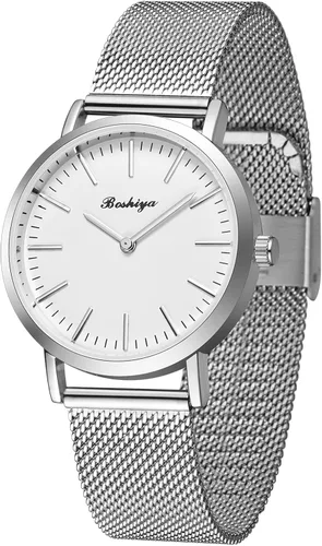 Vista 12 de BOSHIYA Relojes para mujer Easy Reader de 1.181 in de acero inoxidable con banda de expansión plateada dorada para mujer, reloj de pulsera pequeño