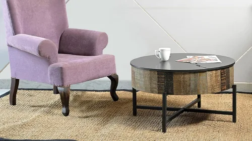 Vista 6 de Mesas de café, mesa de té, mesa de cóctel, mesa auxiliar - Mesa central de madera rústica con acabado vintage con almacenamiento para sala de estar