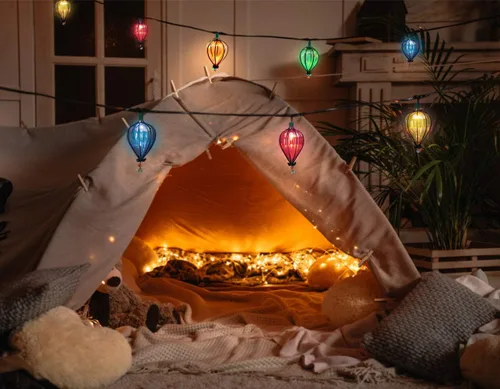 Vista 5 de 11 pies de luces de cadena multicolor con 10 bombillas, luces LED decorativas impermeables y conectables con certificación UL para colgar en patio