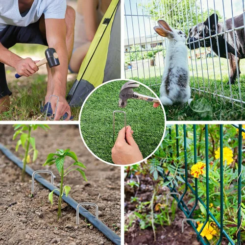 Vista 6 de HongWay Paquete de 50 grapas de jardín de 6 pulgadas, estacas de jardín de calibre 8, estacas galvanizadas más gruesas, grapas de césped resistentes
