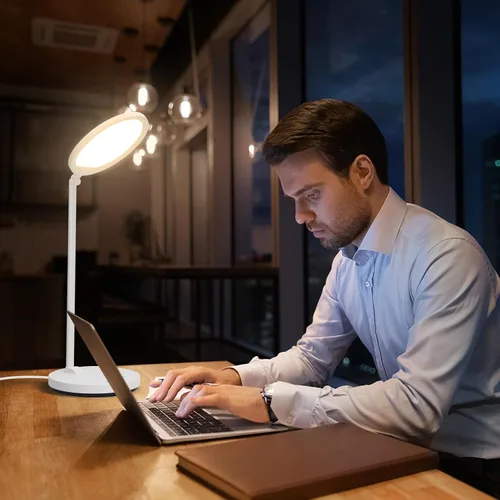 Vista 9 de Lámpara de escritorio LED con brazo oscilante y cuello flexible, lámpara de mesa 3CCT para el hogar, oficina, dormitorio universitario, lámpara alta
