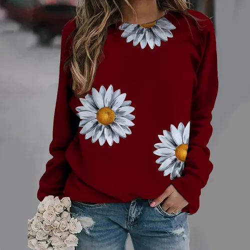 Vista 2 de Ceboyel Sudadera para mujer con estampado de girasol, cuello redondo, manga larga, casual, holgada, linda ropa de otoño