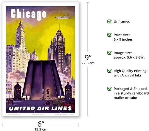 Vista 2 de Chicago USA - The Tribune Tower Wrigley Building and Michigan Avenue Bridge - United Air Lines - Vintage Airline Travel Poster c.1950s - Master Art