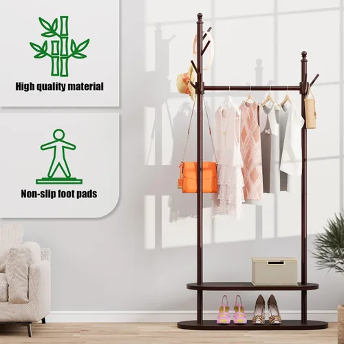 Vista 7 de Perchero de dos niveles independiente, fácil de montar, 8 ganchos, perchero de madera con almacenamiento para zapatos, árbol de abrigo resistente