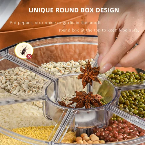Vista 3 de DYRABREST Dispensador de arroz, dispensador de cereales giratorio de 360°, dispensador de almacenamiento de granos multigrano redondo de 6 rejillas