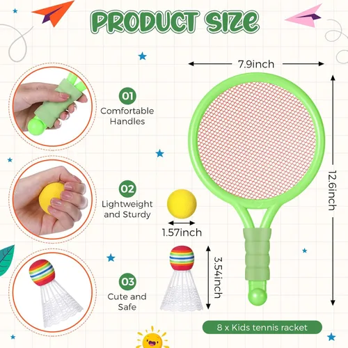 Vista 2 de Wettarn 8 raquetas de tenis de plástico para niños, con 4 pelotas de tenis y 4 volantes, juego de raquetas de playa en 3 colores para niños, regalos