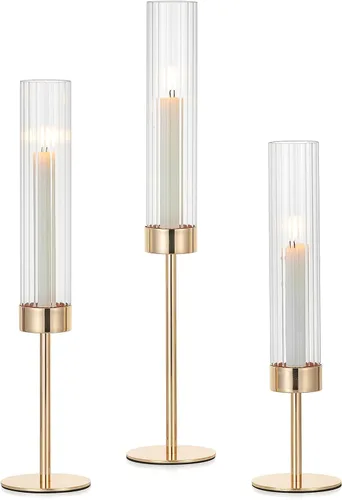 Vista 12 de Hewory Portavelas cónicos negros: juego de portavelas de 3 piezas de vidrio huracán alto para candelabros, portavelas para decoración de mesa