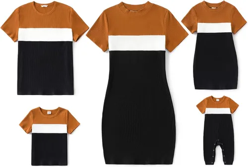 Vista 5 de PATPAT Trajes familiares a juego para mamá y yo, conjuntos a juego, manga corta, cuello redondo, vestido de camisa midi