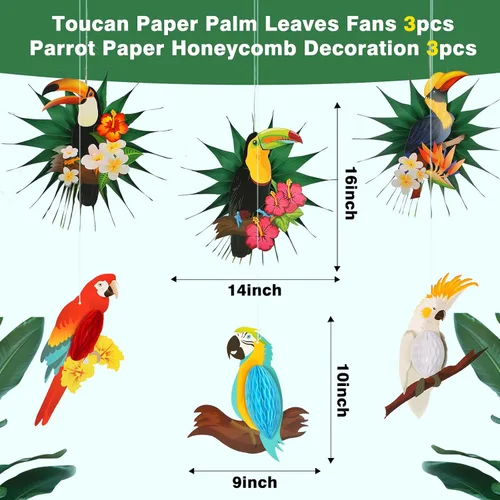 Vista 3 de Decoraciones de fiesta de pájaros tropicales, loros tucán, panal, hawaiano, verano, playa, Luau, suministros para colgar, decoraciones de fiesta