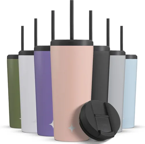 Vista 14 de JoyJolt Vaso de 20 onzas con triple aislamiento con tapa y popote (2 cada uno) de acero inoxidable de doble pared al vacío, con forro de cobre