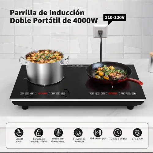 Vista 3 de VBGK Placa de cocción de doble inducción, quemador eléctrico de 110 V 4000 W, placa caliente de 2 quemadores con sensor LED táctil, ahorro