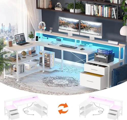 Vista 9 de Aheaplus Escritorio en forma de L con cajón de archivos, escritorio reversible en forma de L para computadora de 72.8" con toma de corriente
