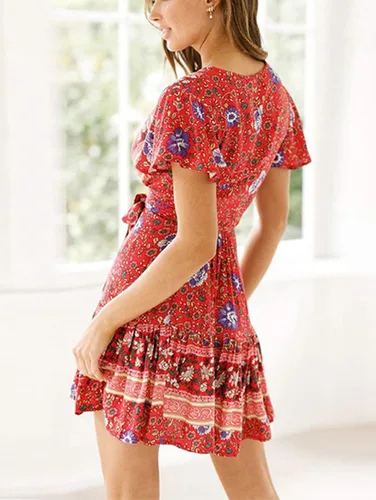 Vista 3 de TEMOFON - Vestido bohemio de verano para mujer, vestido cruzado floral con cuello en V y manga corta, minivestido de playa, S-XL