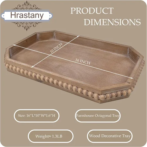 Vista 2 de Hrastany Bandeja de servir rústica de madera con cuentas, bandeja decorativa de granja marrón para centro de mesa, decoración navideña de boda