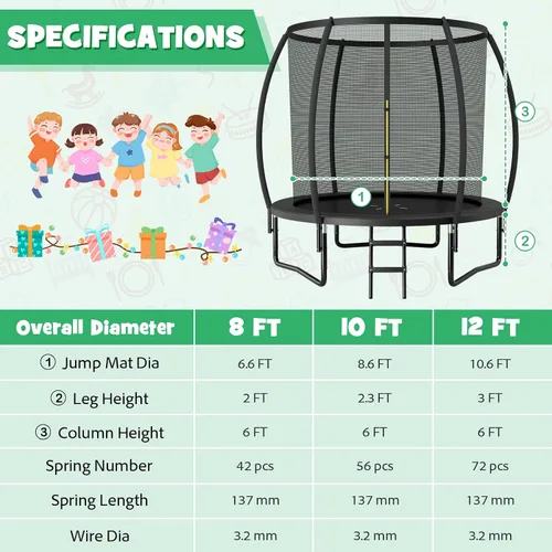 Vista 7 de Goplus Trampolines recreativos de 8 pies, 10 pies, 12 pies, 400 libras, trampolín para exteriores con cierre, escalera antideslizante, tecnología