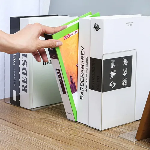 Vista 7 de 8 sujetalibros transparentes de acrílico para estantes, plástico resistente para oficina en casa
