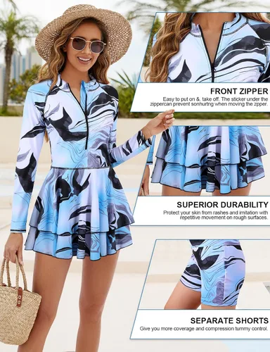 Vista 4 de LURANEE Traje de baño de 2 piezas con cremallera para mujer, traje de baño de manga larga con pantalones cortos para niño y camiseta de natación