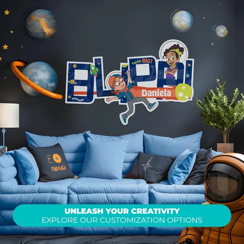 Vista 2 de Nombre personalizado Blippi y Meekah Astronauts Kids Wall Decor I Nombre personalizado para la decoración de la habitación de tu bebé, decoración