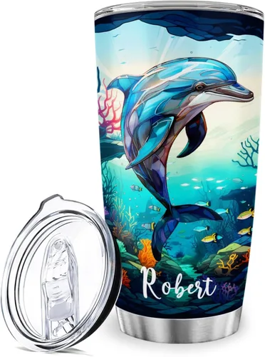 Vista 16 de Vaso de ballena azul con tapa, taza de viaje de acero inoxidable de 20 onzas, vasos personalizados de ballena, regalos temáticos del océano azul