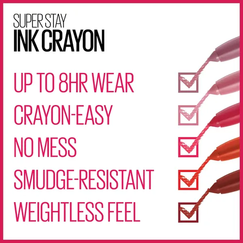 Vista 6 de Maquillaje de lápiz labial Maybelline Super Stay Ink Crayon, lápiz labial mate con punta de precisión con sacapuntas integrado, larga duración