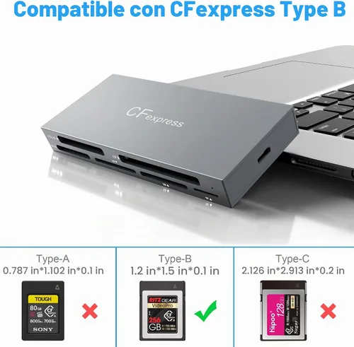 Vista 8 de Lector de tarjetas CFexpress tipo B 8 en 1 con 2 USB de 10 GB, USB 3.2 Gen2 10Gbps CF Express Reader hub para CFexpress tipo B/SD/TF/CF/XD/MS/USB