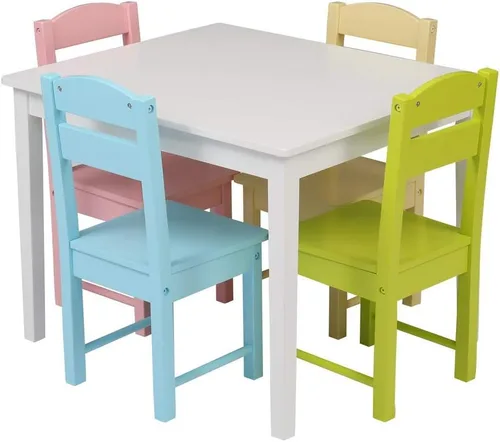 Vista 3 de Juego de mesa y 4 sillas de madera para niños, juegos de mesa de actividades para niños pequeños para dibujar lectura arte sala de juegos, muebles