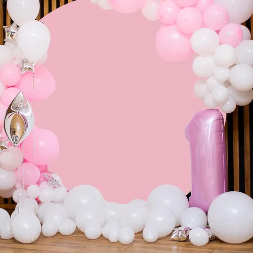 Vista 2 de Fondo de camarón rosa redondo rosa de 7.2 pies, fondo de fotografía circular con 4 clips para mujeres y niñas, suministros de decoración de fiesta