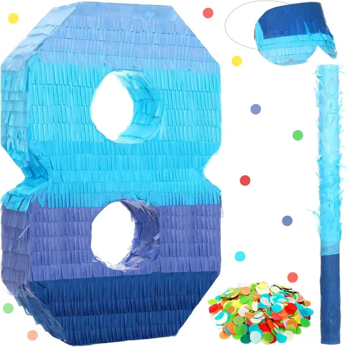 Vista 14 de Sratte Piñata Número 1 2 3 4 5 6 7 8 9 con Palo, Venda para los Ojos, Confeti, Piñata Azul Degradado para Niños y Niñas Fiestas de Cumpleaños