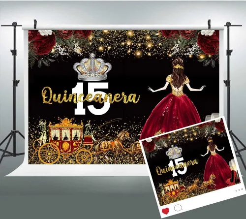 Vista 8 de Vestido rojo, fondo de flores de rosa, telón de fondo de cumpleaños de quinceañera para niña, princesa, feliz cumpleaños 15, carruaje de fotografía