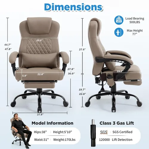 Vista 3 de Masaje de amasado 3D de tamaño grande cómoda silla de escritorio de oficina para mujeres Marrón