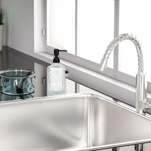 Vista 3 de Dispensador de jabón de vidrio grueso transparente de 18 onzas con bomba negra a prueba de óxido, dispensador de jabón de cocina para baño