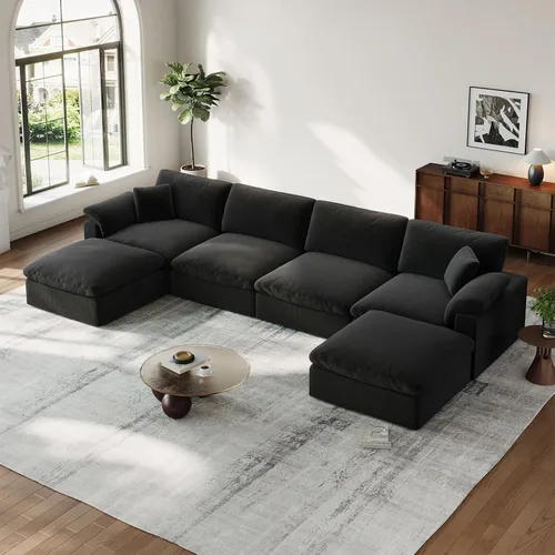Vista 18 de Sofá modular Cloud para sala de estar, sofás de mezcla de lino en forma de L, modernos sofás de nube de asiento profundo, sofás seccionales Beige