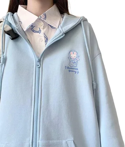 Vista 3 de Sudadera con capucha japonesa Harajuku Y2K Kawaii con cremallera para niñas, Azul