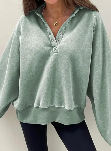 Vista 4 de Dokotoo Sudaderas de gran tamaño con cuello de botón para mujer, manga de farol, holgadas, para mujer