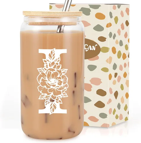 Vista 14 de Taza de Vidrio Inicial Coolife, Regalos Personalizados para Mujeres, Tazas de Vidrio de 16 oz con Tapas y Popotes, Taza para Café Helado, Licuado