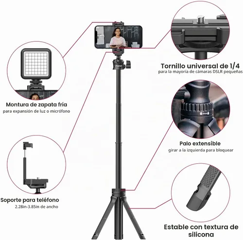 Vista 4 de ULANZI Trípode extensible todo en uno MT-34 con cabezal esférico ajustable 360°, compatible con iPhone 12 Pro Max/12 Mini/11 Pro Max/XR/X, teléfono