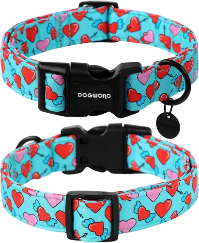Vista 28 de DOGWONG Collar para perro de San Valentín, collar ajustable de algodón con corazón de caramelo azul, perfecto para perros pequeños a medianos