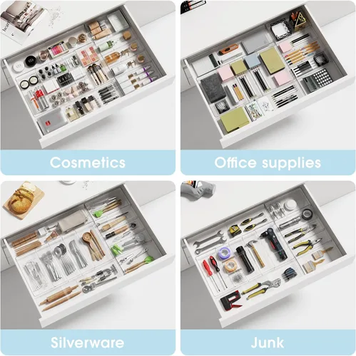 Vista 6 de Organizador de cajones expandible, ancho (10.6"-20.1") profundidad (11"-20.1"), organizador de cajones de maquillaje transparente con 6 divisores