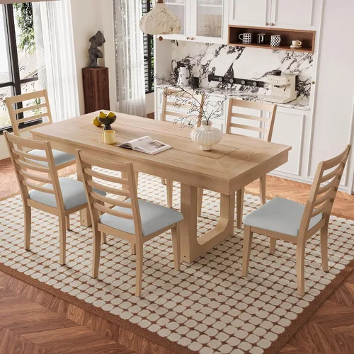 Vista 32 de Juego de mesa retro de comedor de cocina de 7 piezas, mesa extensible de madera maciza de 60 a 78 pulgadas con hojas extraíbles y 6 sillas