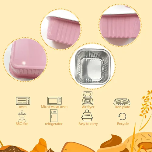 Vista 3 de 50 tazas cuadradas de papel de aluminio para hornear con tapas, moldes desechables de 5 onzas para tartas, recipientes para hornear cupcakes