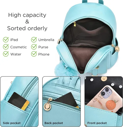 Vista 4 de I IHAYNER Mochila de moda para niñas y adolescentes, monederos de piel sintética con pompón, bolsa de hombro