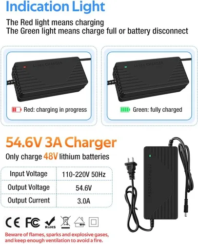Vista 5 de Cargador súper rápido de 54.6V 3A / 5A para batería de 48V, 7 tipos de enchufes para elegir, sin necesidad de adaptador, más seguro. Compatible