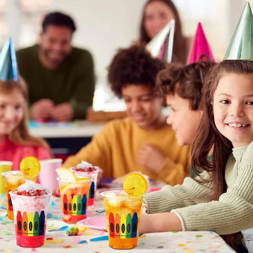 Vista 3 de Funnymoom 100 vasos de plástico de 12 onzas para el regreso a clases, vasos de crayón a granel, vasos desechables para el primer día de escuela