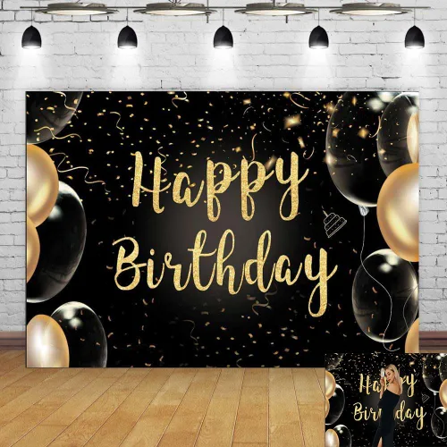 Vista 7 de 6 telón de fondo de cumpleaños negro y dorado de 3.6 pies, fondo de globo dorado transparente, telón de fondo de feliz cumpleaños para mujeres