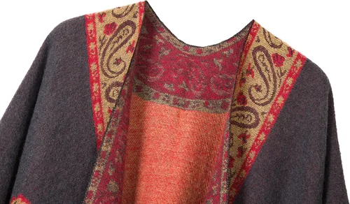 Vista 3 de Poncho con flecos, con estampado vintage, estilo retro, a la moda, para mujer. Capa, chal.